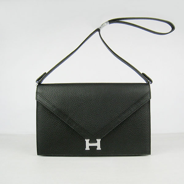 7A Hermes Togo Leather Messenger Bag Black With Silver Hardware H021 Replica - Click Image to Close